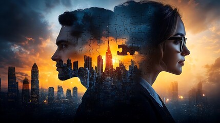 A double exposure of multinational business professionals in formal attire, overlaid with puzzle pieces in different sizes and colors,