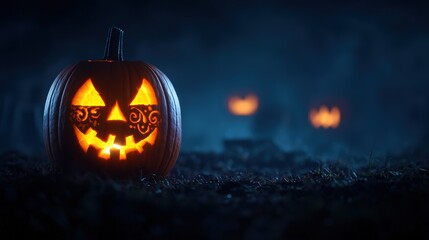 Illuminated Carved Pumpkins in Spooky Misty Graveyard at Night with Copy Space - Ultra HD Selective Focus Halloween Scene
