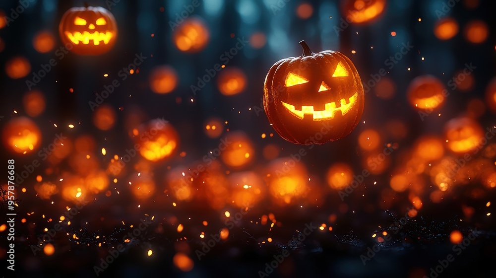 Poster enchanting glow of floating jack-o'-lanterns in mysterious forest - halloween concept with copy spac