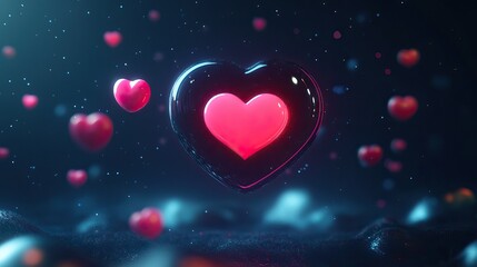 Glowing pink neon hearts floating in futuristic digital space with blue particles