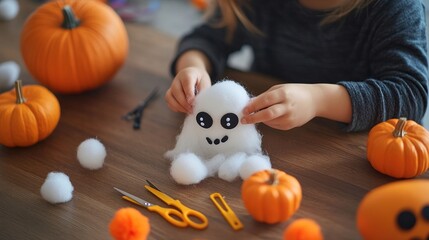 child making a ghost decoration with cotton balls and googly eyes, crafting table with glue and scissors, playful and creative