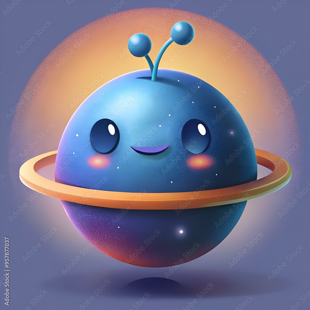Poster a cute and friendly 3d illustration of a planet with a ring. perfect for adding a touch of whimsy to
