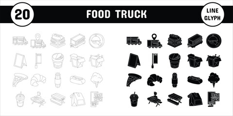 Food Truck Line Glyph Vector Illustration Icon Sticker Set Design Materials