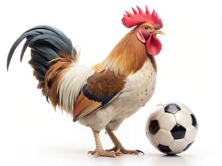 Fototapeta premium A photo image of a cockerel carrying a football, symbolizing the team's name and struggle, set against a white background.
