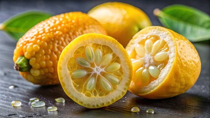 a photo image of a bright yellow fingerlime fruit sliced open to reveal tiny oil-filled vesicles and a delicate white pith