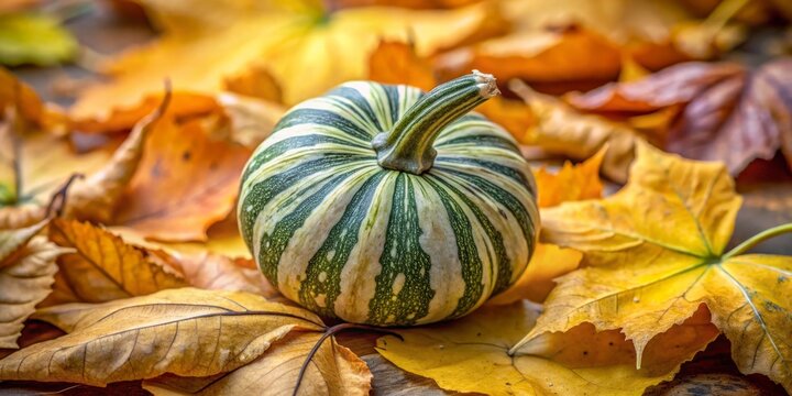 A photo image of a delicate, intricately designed zephyr squash with swirly patterns of soft green and creamy yellow hues, nestled among dried autumn leaves.