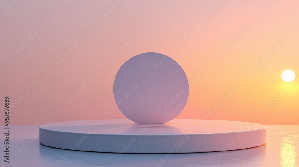 Poster a minimalist 3d podium with a smooth, reflective surface, isolated on a soft white background with a