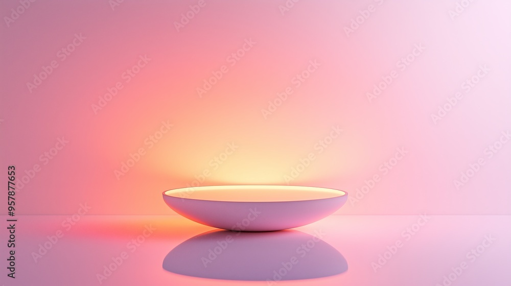 Poster a minimalist 3d podium with a smooth, reflective surface, isolated on a soft white background with a