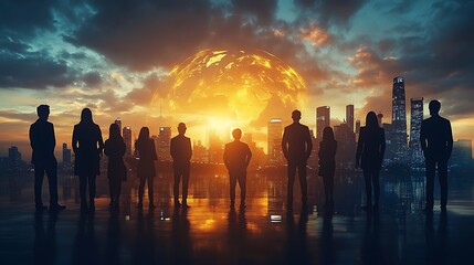 A group of multinational business professionals standing tall, overlaid with cargo ships and airplanes navigating the globe, signifying the expansive reach and success of international trade,