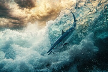 A Blue Marlin Leaps from the Ocean, Surrounded by a Wave and Stormy Clouds