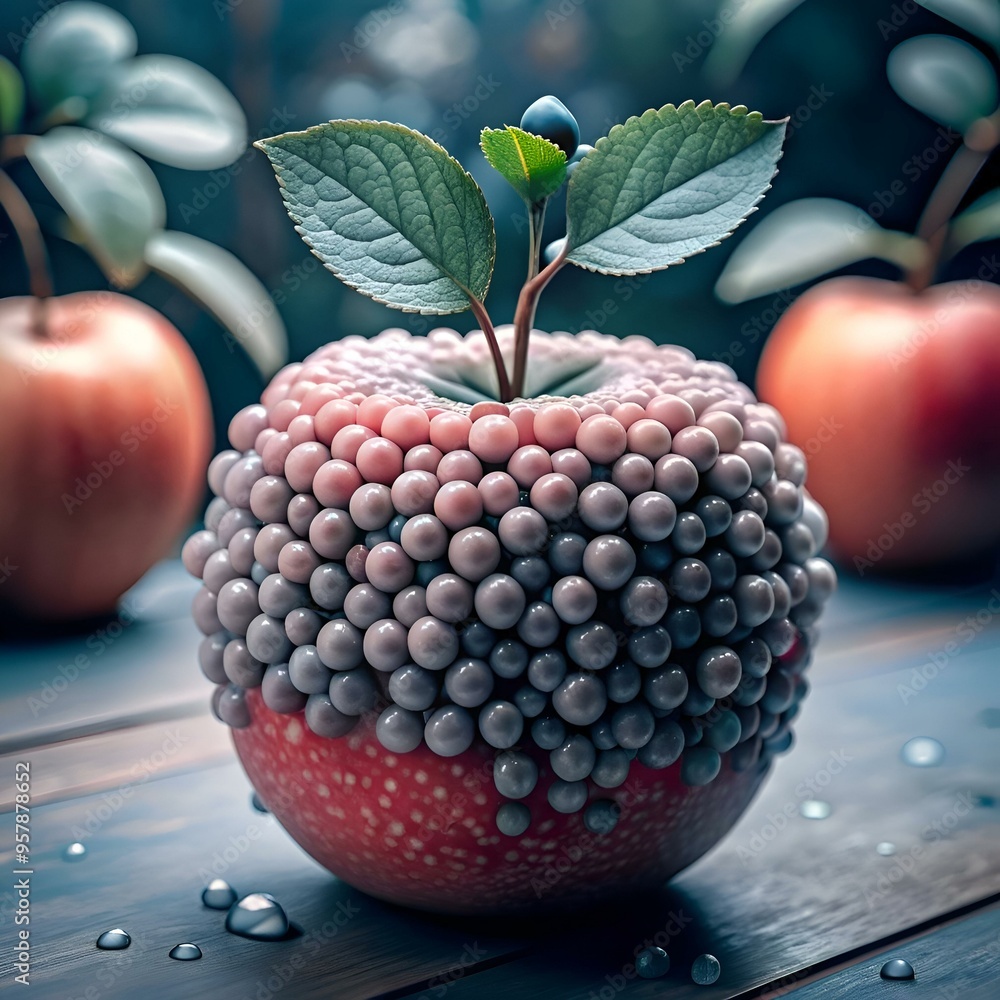 Poster a captivating 3d illustration of a unique apple covered in tiny. shimmering spheres. accented by a d