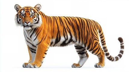 Fototapeta premium Majestic Tiger in Stride: A Siberian tiger, resplendent in its orange and black stripes, walks with a powerful grace against a clean white backdrop. 