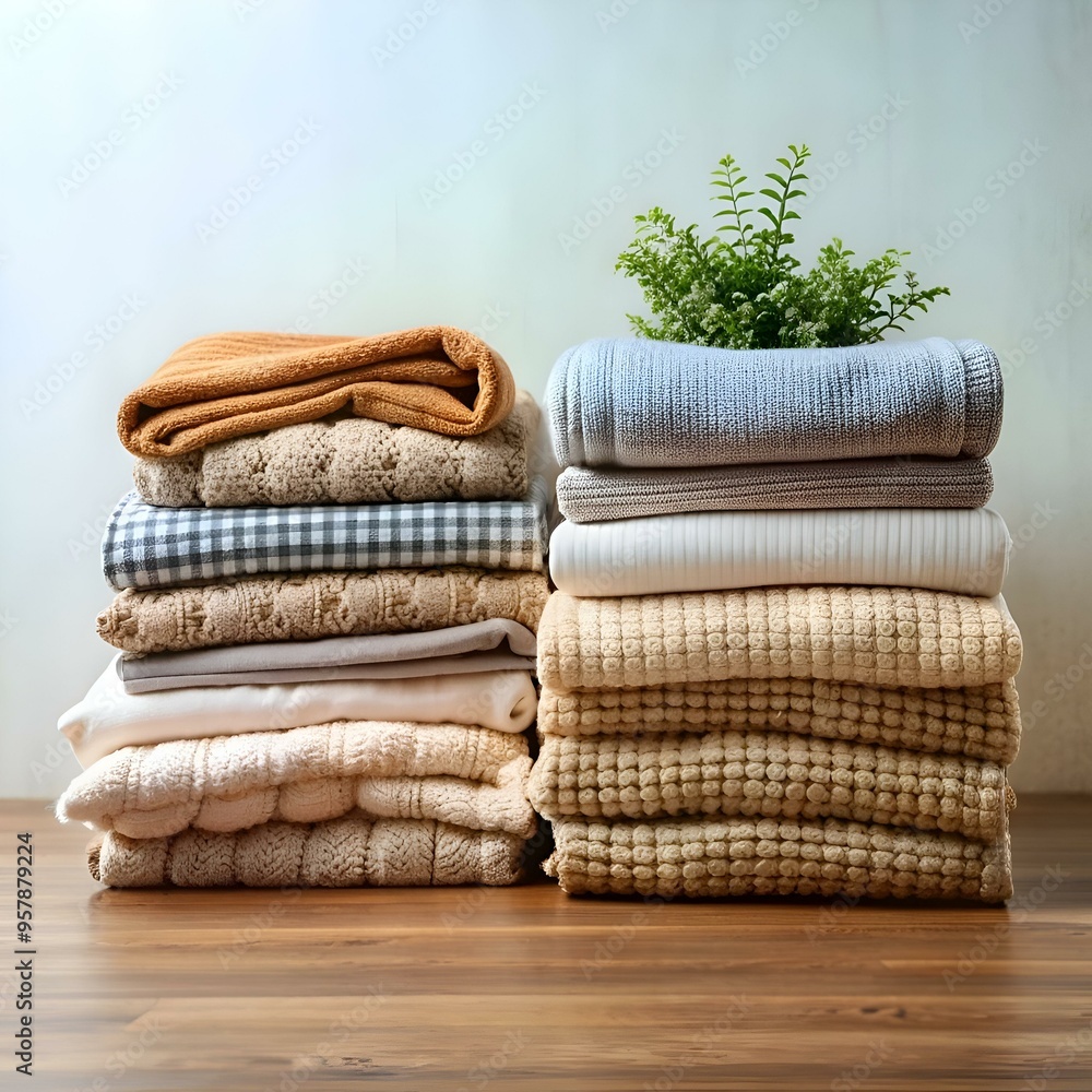 Poster a stack of folded blankets in various textures and colors. creating a cozy and inviting atmosphere.