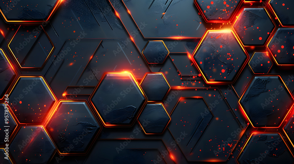 Poster abstract dark hexagon pattern on red neon background technology style. modern futuristic geometric s