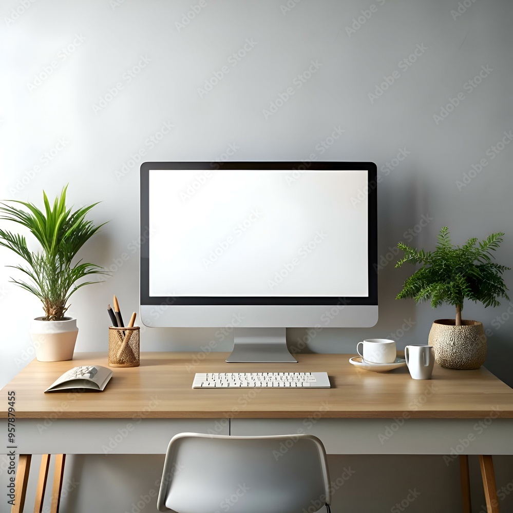 Poster clean and minimalist workspace with a blank computer screen. perfect for showcasing your designs. we