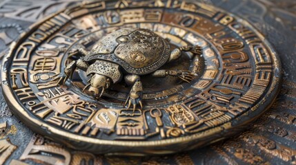 Ancient Egyptian Scarab Beetle Sculpture on Circular Ornament with Hieroglyphics in Gold and Bronze