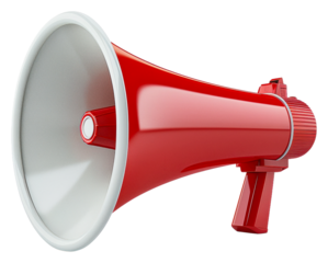 Bright red megaphone on display at a public speaking event isolated on transparent background
