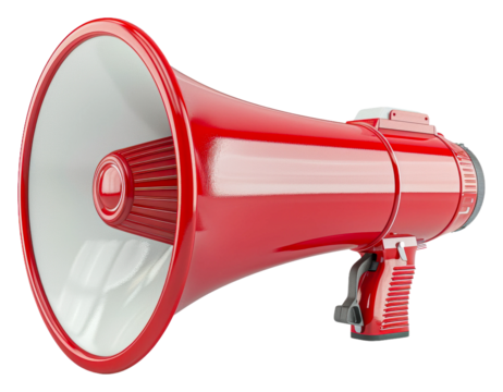 Red megaphone used for communication at outdoor events isolated on transparent background