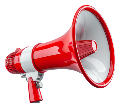 Bright red megaphone for outdoor events or public speaking displays isolated on transparent background