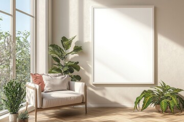 Poster Frame in Beige minimalist living room interior created with generative AI