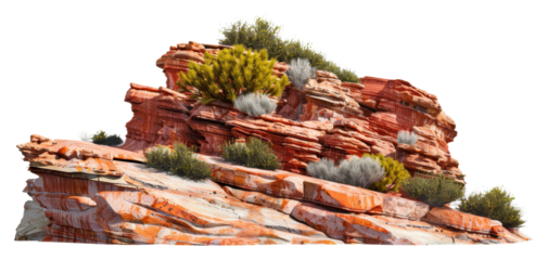 Colorful rock formation with vegetation isolated on transparent background