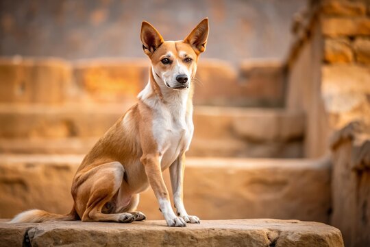 a photo image of an Indian Pariah dog breed sitting proudly on a stone platform with a subtle sandy background