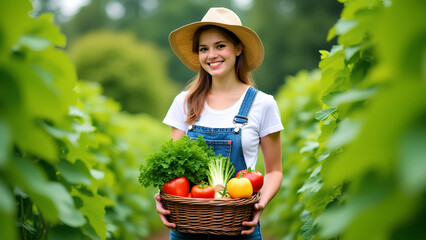 Young woman in a garden holding a basket of freshly harvested vegetables She is smiling wearing a straw hat and overalls surrounded by lush green foliage