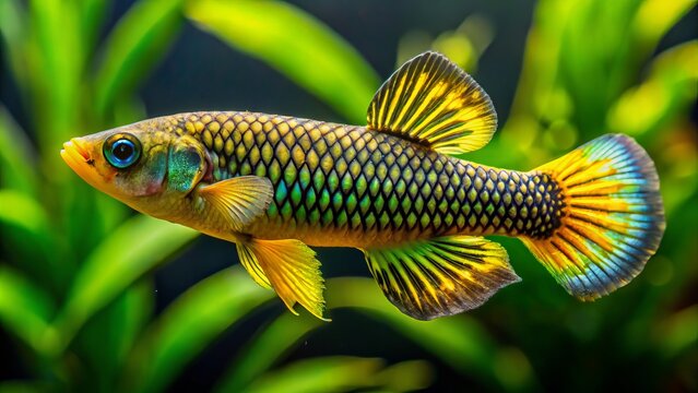 The annulatus killifish boasts a vibrant striped appearance, featuring bright yellow and glossy black scales that create an eye-catching pattern against a mirror-like finish.