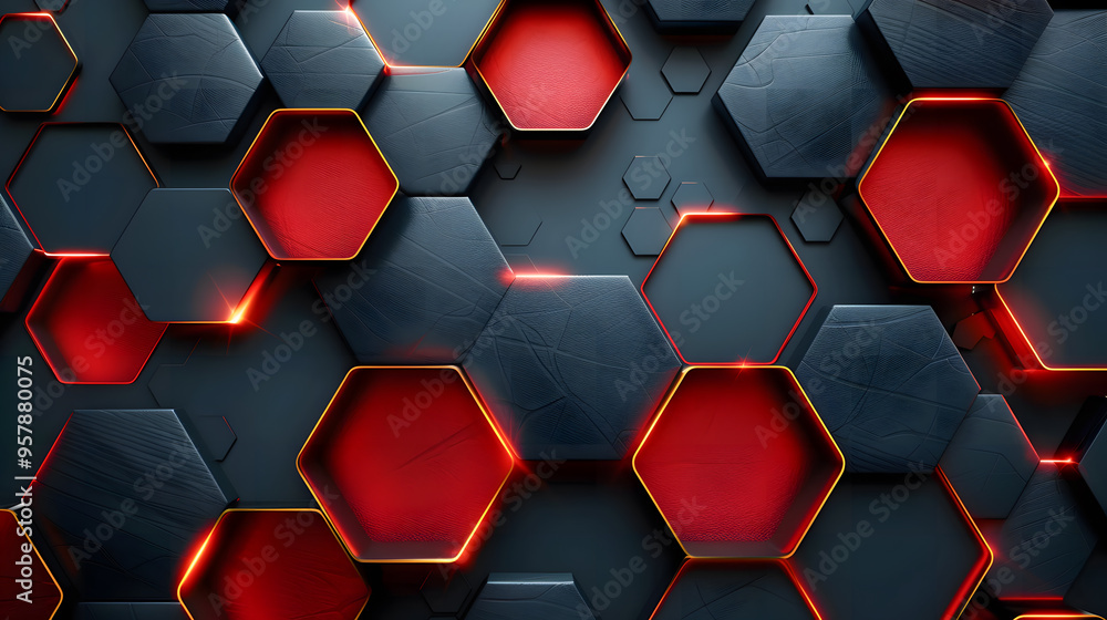 Poster abstract dark hexagon pattern on red neon background technology style. modern futuristic geometric s
