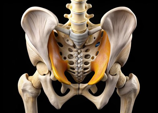 a photo image of the pelvis with the inferior ramus of the pubis bone visible in detail, highlighting its surface texture and surrounding soft tissue.