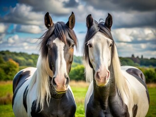 A black and white horse pair stands in a lush green field, their heads tilted in unison, eyes locked onto the camera lens.