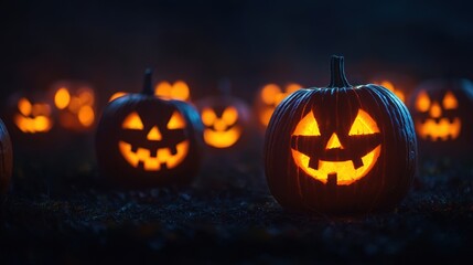Enchanting Halloween Night with Glowing Jack-o'-Lanterns - Spooky Atmosphere, Copy Space, Selective Focus, Ultra HD