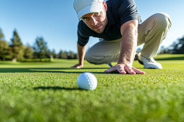 Close-up of a calm golfer lining up a putt, eyes measuring the distance to the hole
