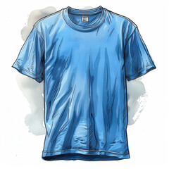 Childrens book style illustration of a light blue t-shirt with rounded neckline, short sleeves, and watercolor texture. White background with faint stain