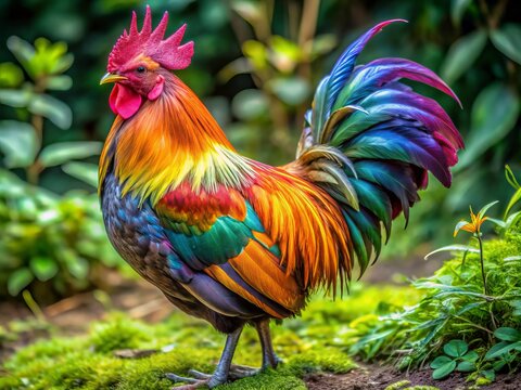 A serene Americauna chicken proudly displays its vibrant plumage, featuring a stunning tail with iridescent green and purple hues, its feathers glistening in the light.
