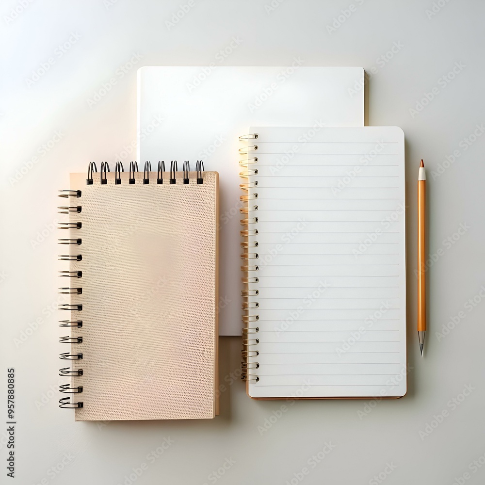 Poster flat lay of two notebooks and a pencil. perfect for showcasing your to do list. ideas. or notes.