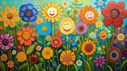 Cheerful Flowers with Smiling Faces in a Vibrant Garden Scene – Perfect as a Poster for Brightening Up Your Sports Room Decor!