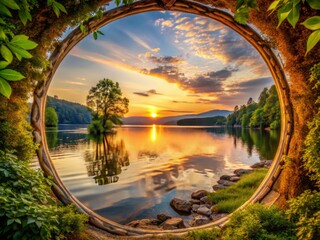Photo image of a romantic getaway scene with a rounded frame surrounding a serene lake shore at sunset.