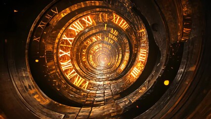 Exploring a captivating spiral of ancient clock faces illuminated in gold during a mysterious journey through time