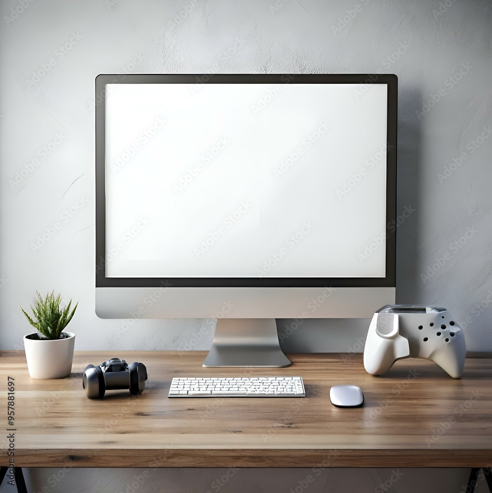 Poster a clean and modern workspace with a blank computer screen. perfect for showcasing your content or me