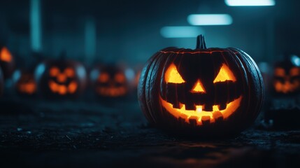 Eerie Halloween Atmosphere: Glowing Carved Pumpkins in Creepy Basement with Copy Space, Selective Focus | Ultra HD Shot