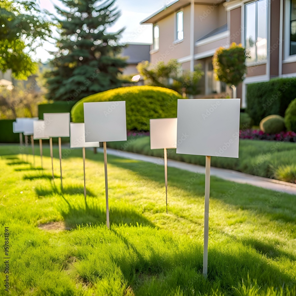 Aufkleber a row of blank white signs stand in a lush green lawn. perfect for adding your own text or graphics.