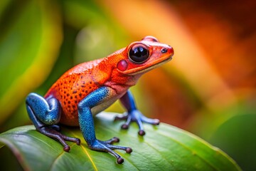 Obraz premium A photo image of a brightly colored strawberry poison frog perched on a leaf, with a subtle background blur and soft focus.