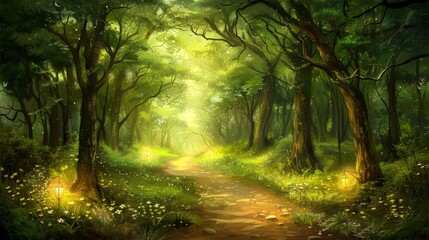 Obraz premium Enchanted Forest Path with Glowing Lanterns, Leading to Mystical Light in a Fantasy Woodland