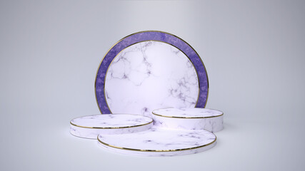 Luxury podium for product display white marble and purple abstract background, 3D render