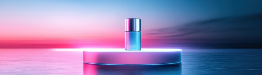 Stylish perfume bottle illuminated by colorful lights against a serene backdrop, perfect for beauty and fragrance promotions.