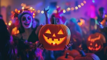 lively Halloween party with people in creative costumes, colorful decorations, and glowing pumpkin lanterns, set in a spooky yet fun atmosphere