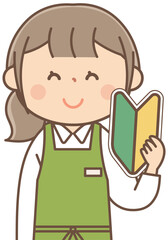 初心者マークを持った書店員の女性