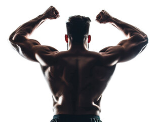 Muscle definition highlighted in back view of a muscular man flexing isolated on transparent background