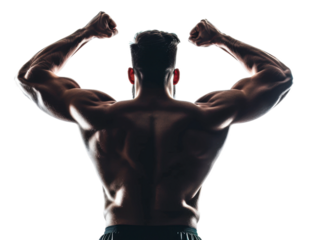 Muscle definition highlighted in back view of a muscular man flexing isolated on transparent background